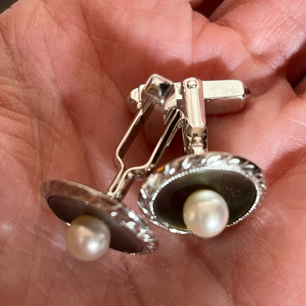 Antique Vintage Sterling silver MOP Real Pearl Round MCM Mod Art Deco Cufflinks